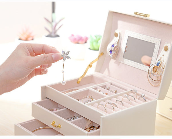Just Lil things Jewelry Organizer,3 Layer Jewelry Organizer Box for Earrings Bracelets Rings Necklaces,Luxury Leather with mirror