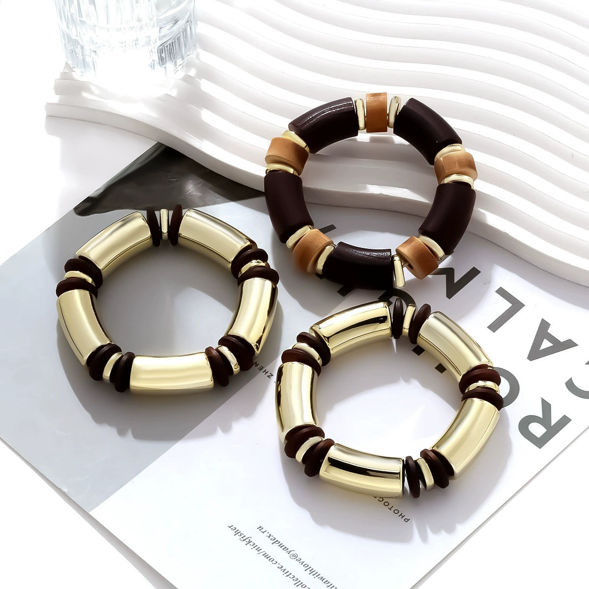 Just Lil Things Bold Luxe Barrel Bead Bracelet – Gold & Earthy Brown Design JLTB0856