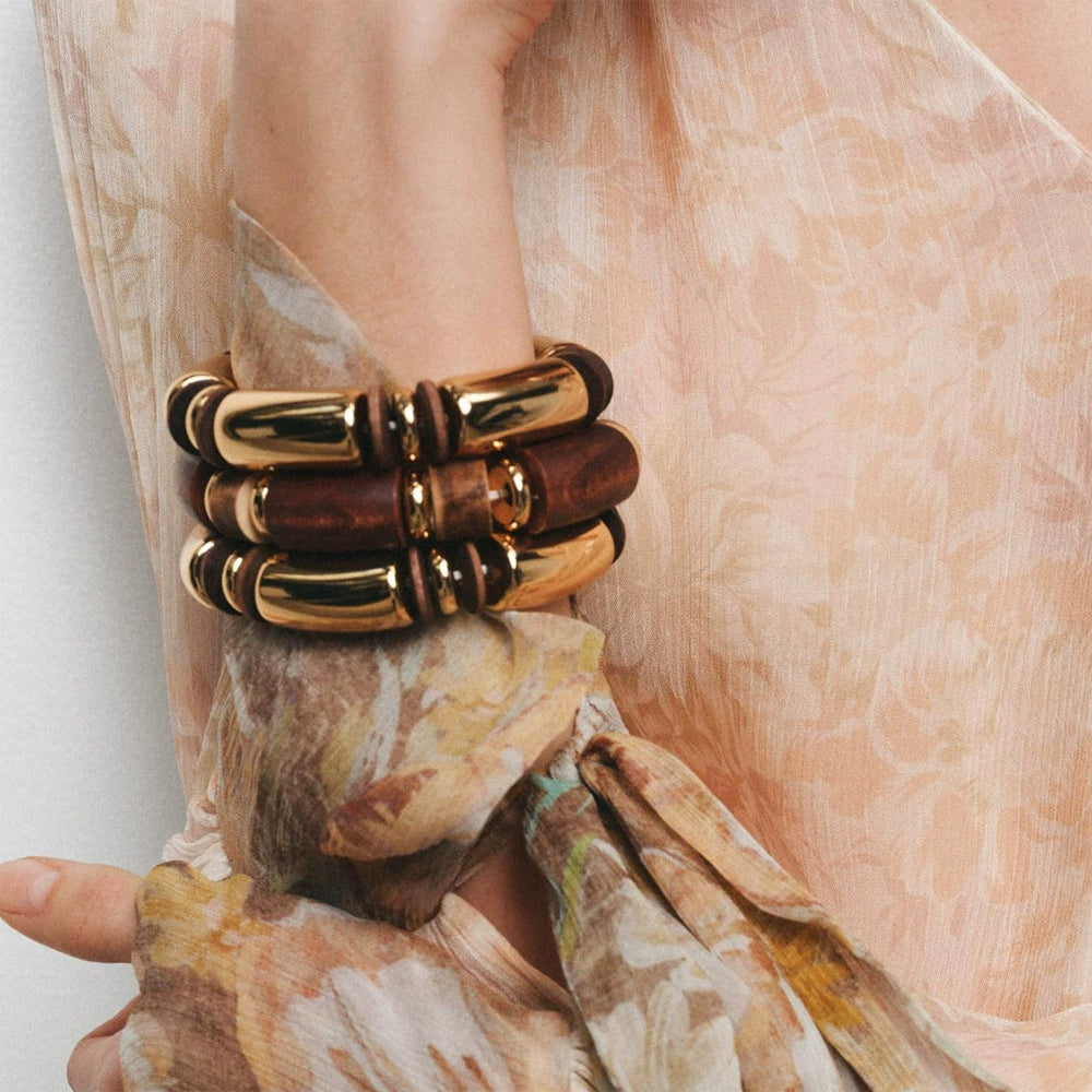 Just Lil Things Bold Luxe Barrel Bead Bracelet – Gold & Earthy Brown Design JLTB0856