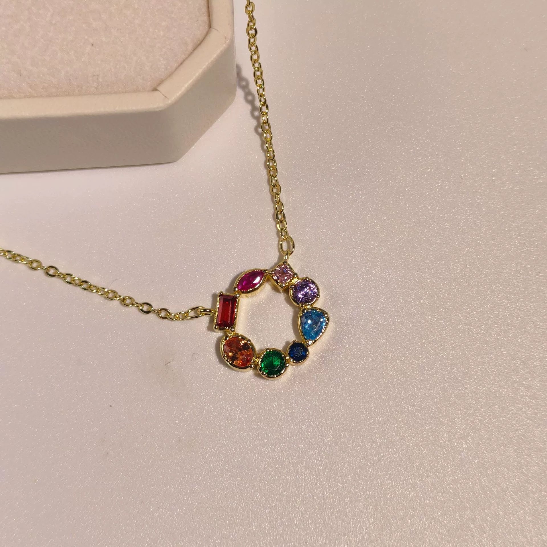 Just Lil Things Rainbow Gemstone Round Pendant Necklace – Colorful Multishape Stone Design on Delicate Chain jltn1593
