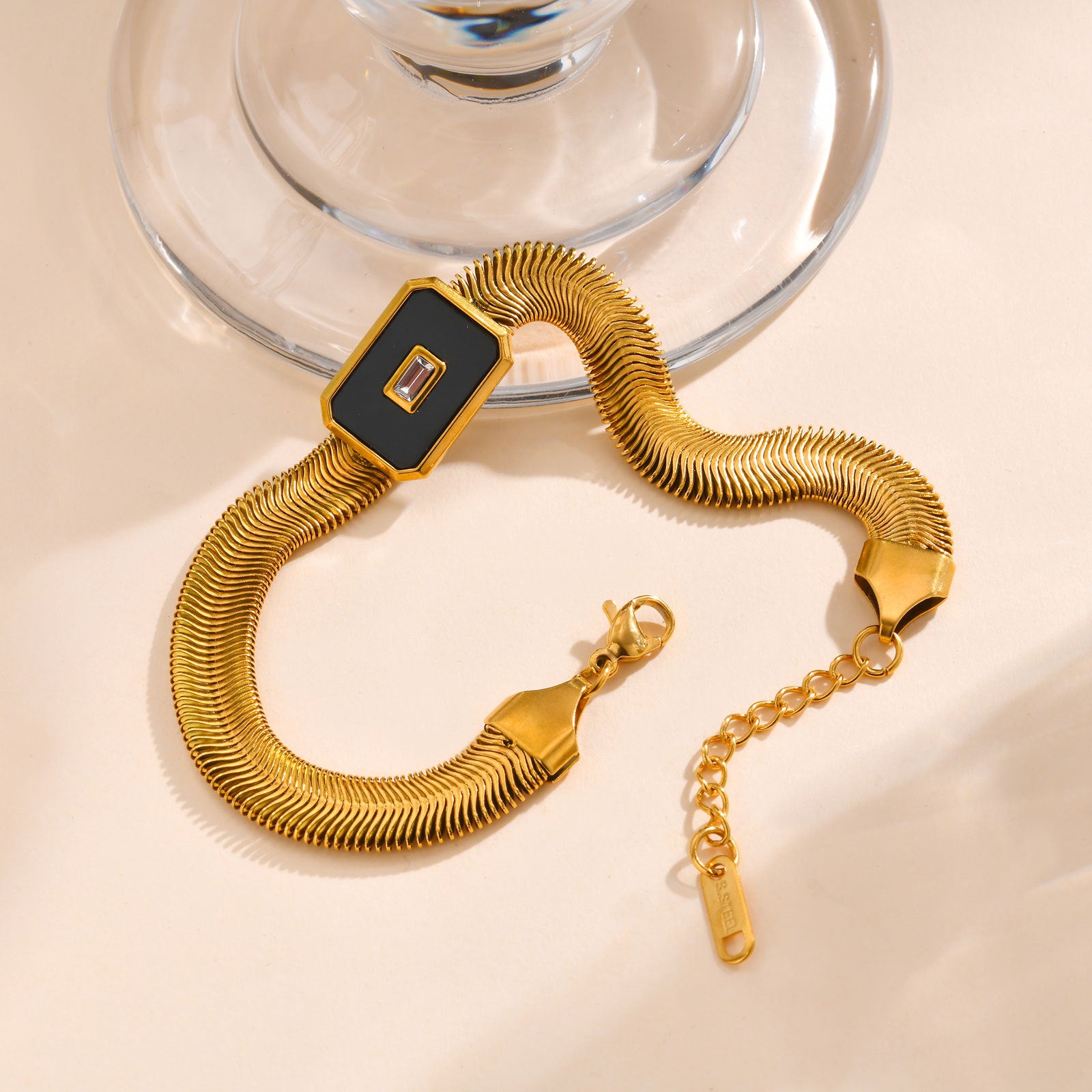 Just Lil Things  Luxe Black Enamel & Rectangular Stone Accent Gold-Toned Snake Chain Bracelet JLTB0857