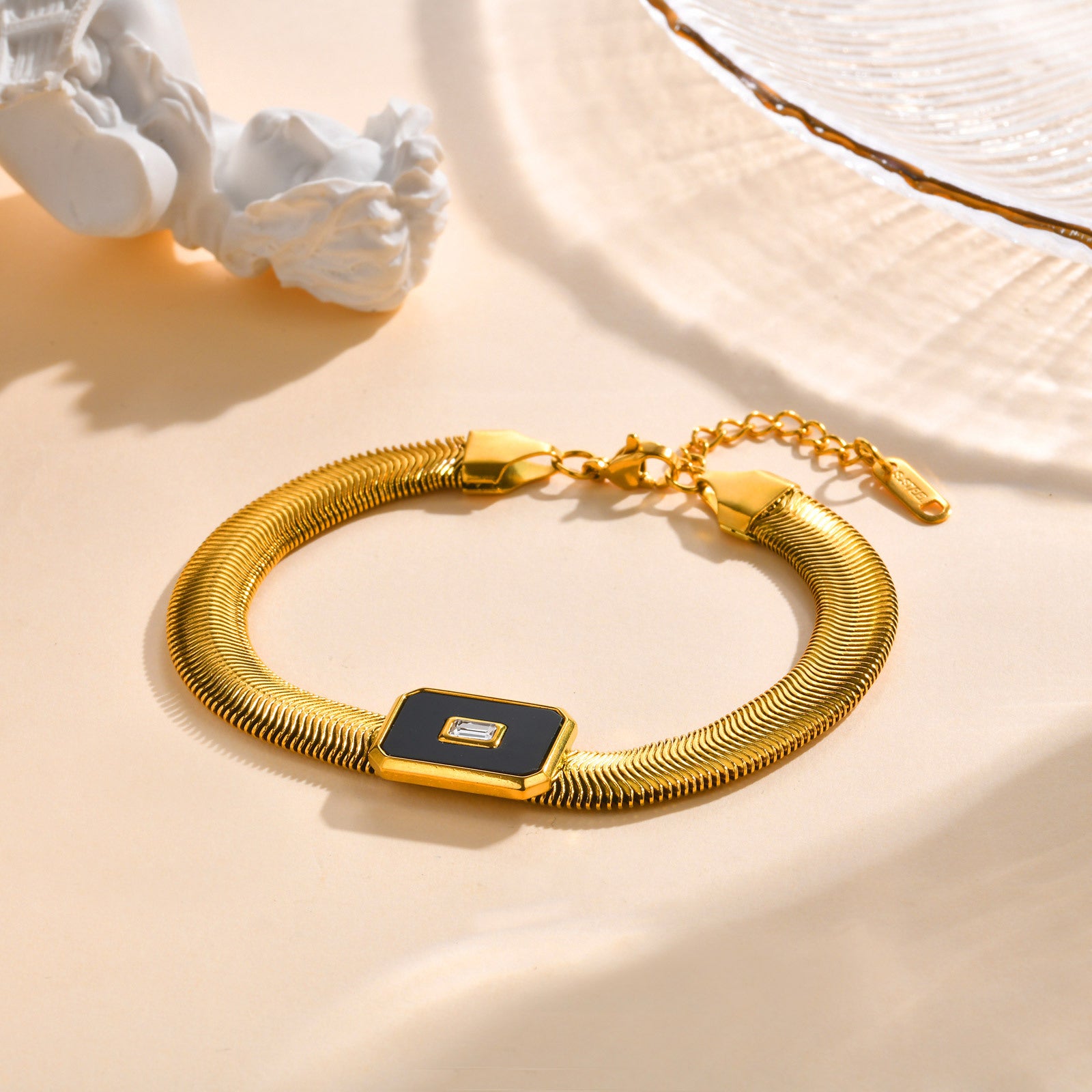 Just Lil Things  Luxe Black Enamel & Rectangular Stone Accent Gold-Toned Snake Chain Bracelet JLTB0857