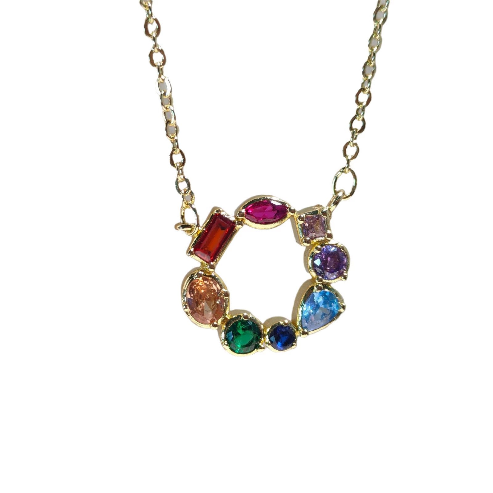 Just Lil Things Rainbow Gemstone Round Pendant Necklace – Colorful Multishape Stone Design on Delicate Chain jltn1593