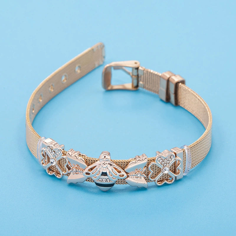 Just Lil Things Rose Gold Mesh Bracelet with Butterfly & Crystal-Accented Flower Charms JLTB0865