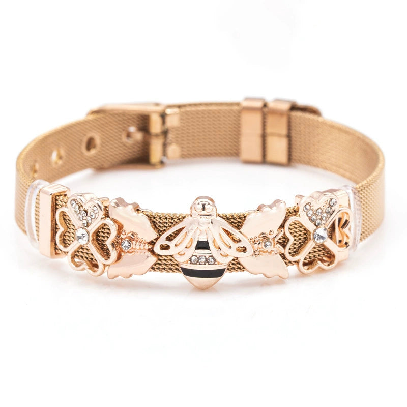 Just Lil Things Rose Gold Mesh Bracelet with Butterfly & Crystal-Accented Flower Charms JLTB0865