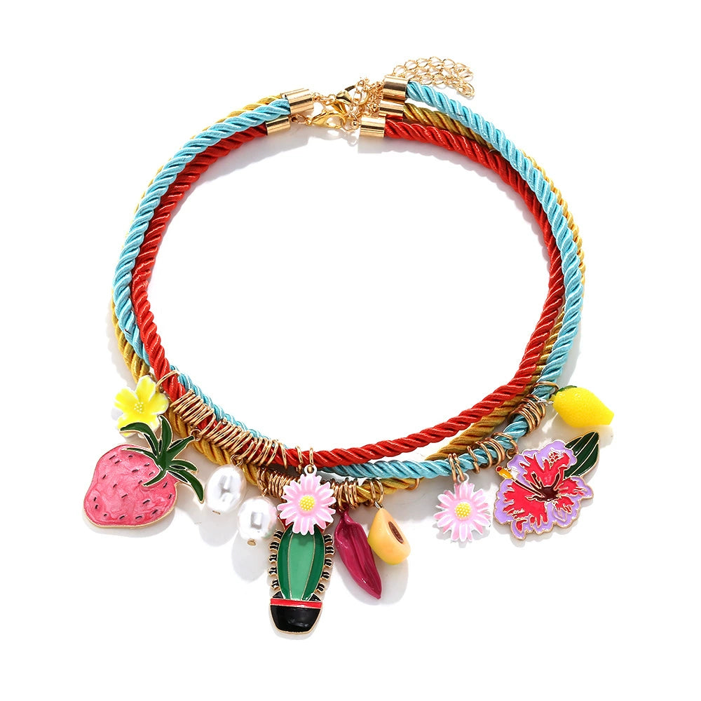 Just Lil Things Tropical Charm Fiesta Necklace – Multicolor Rope & Fruit Charm Design jltn1609