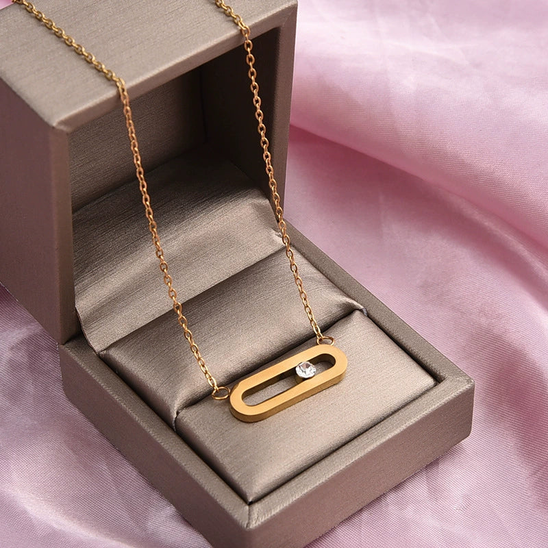Just Lil Things Geometric Bar Pendant Necklace – Minimal Oval Link Design with Center Stone Accent jltn1587