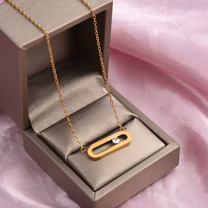 Just Lil Things Geometric Bar Pendant Necklace – Minimal Oval Link Design with Center Stone Accent jltn1587
