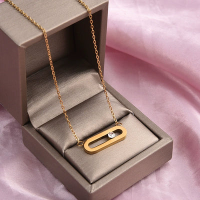Just Lil Things Geometric Bar Pendant Necklace – Minimal Oval Link Design with Center Stone Accent jltn1587