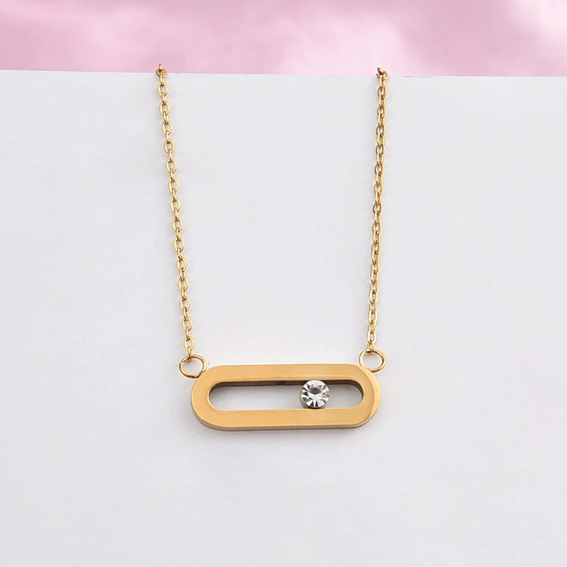 Just Lil Things Geometric Bar Pendant Necklace – Minimal Oval Link Design with Center Stone Accent jltn1587