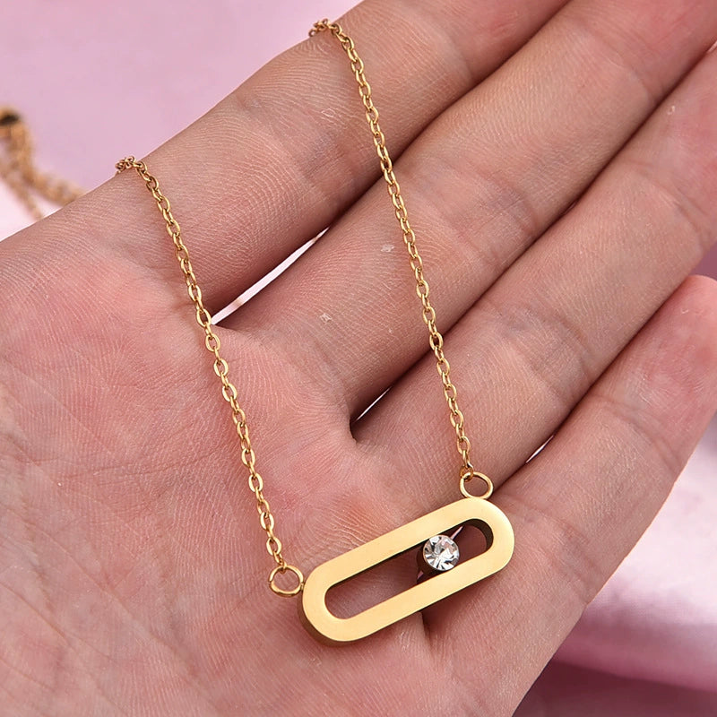 Just Lil Things Geometric Bar Pendant Necklace – Minimal Oval Link Design with Center Stone Accent jltn1587