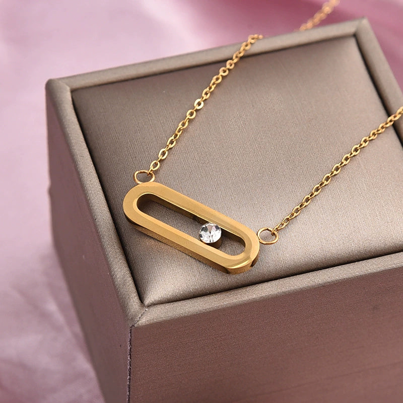 Just Lil Things Geometric Bar Pendant Necklace – Minimal Oval Link Design with Center Stone Accent jltn1587