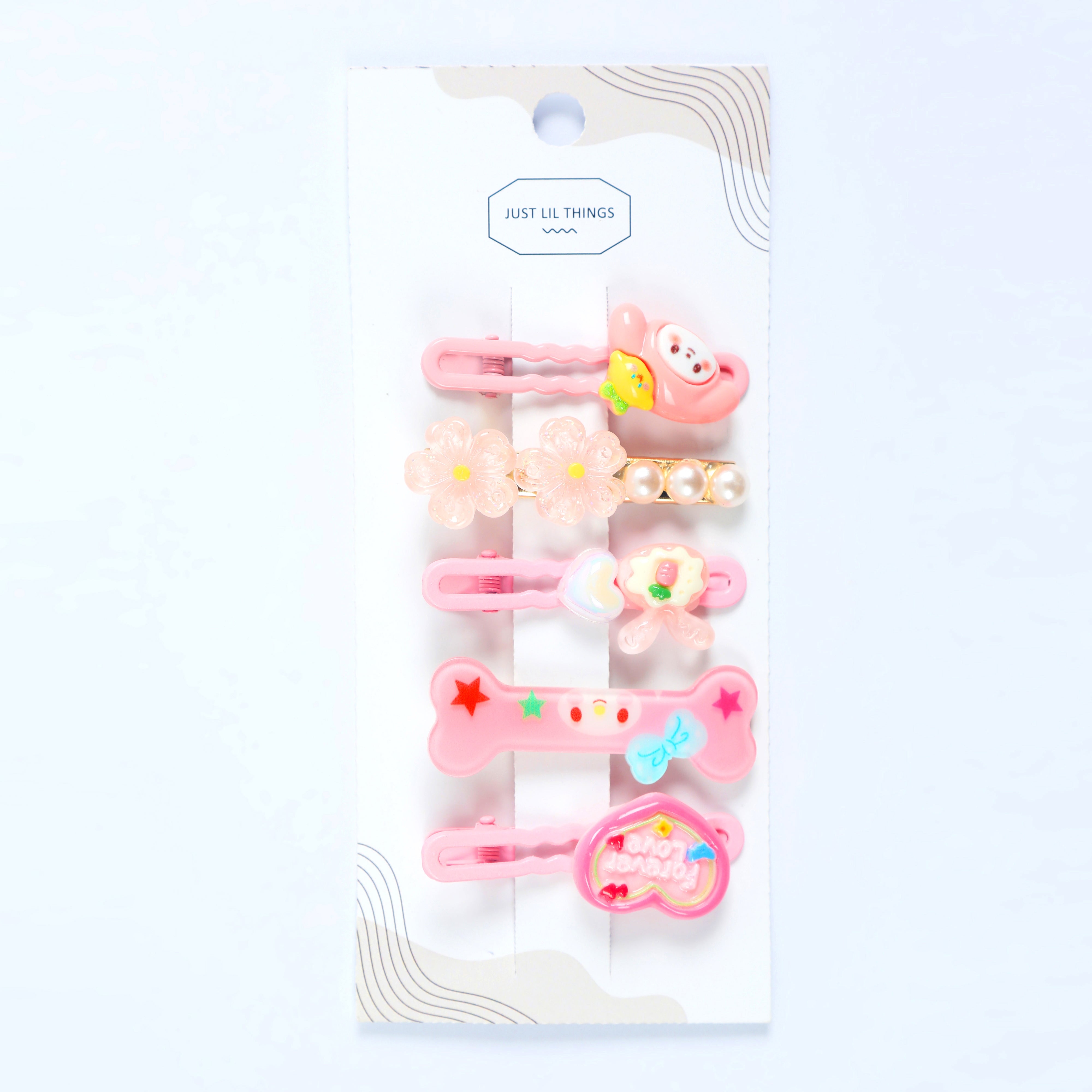Just Lil Things Pastel Pink Cartoon & Floral Hair Clip Set – 5-Piece Cute & Quirky Designs jltc0093