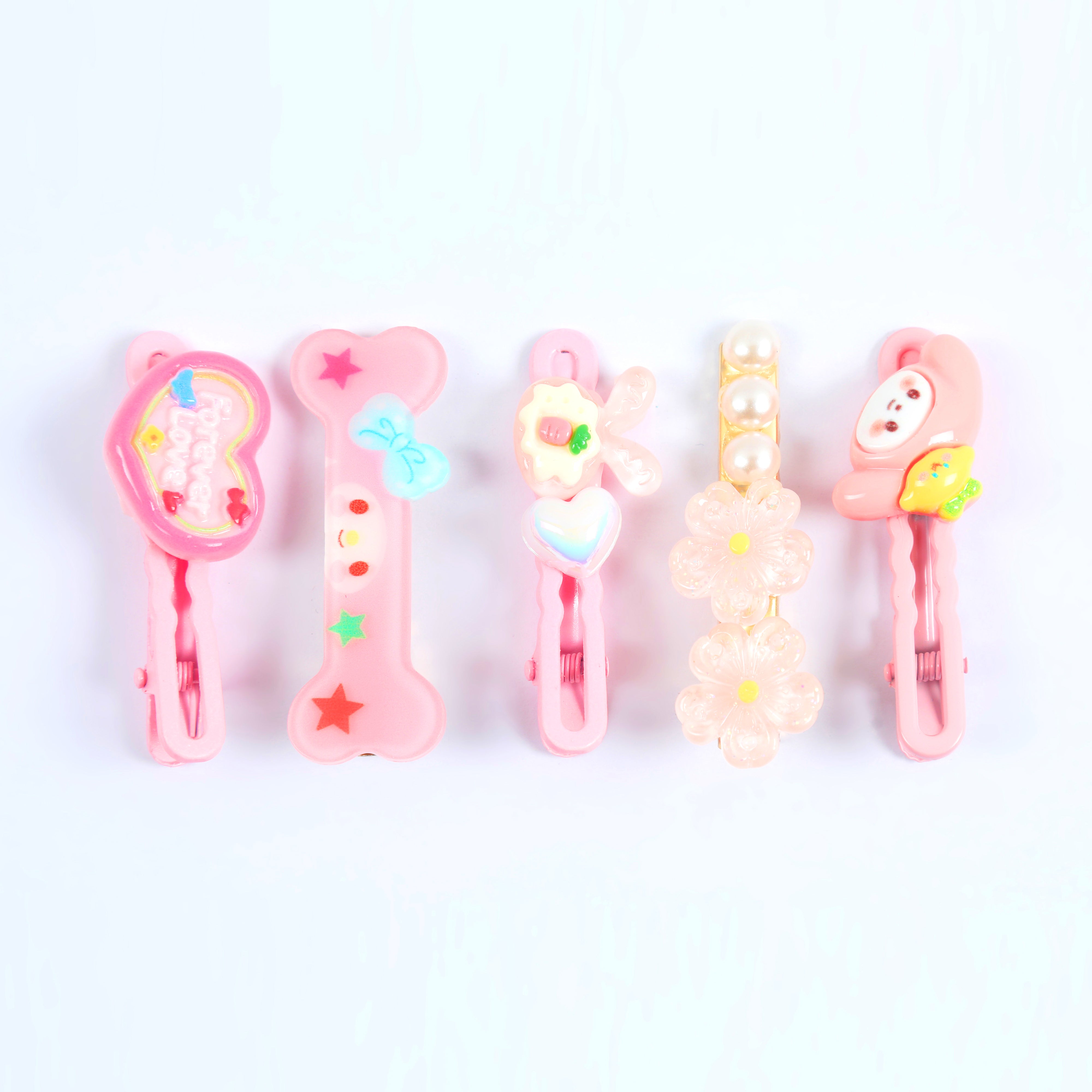 Just Lil Things Pastel Pink Cartoon & Floral Hair Clip Set – 5-Piece Cute & Quirky Designs jltc0093