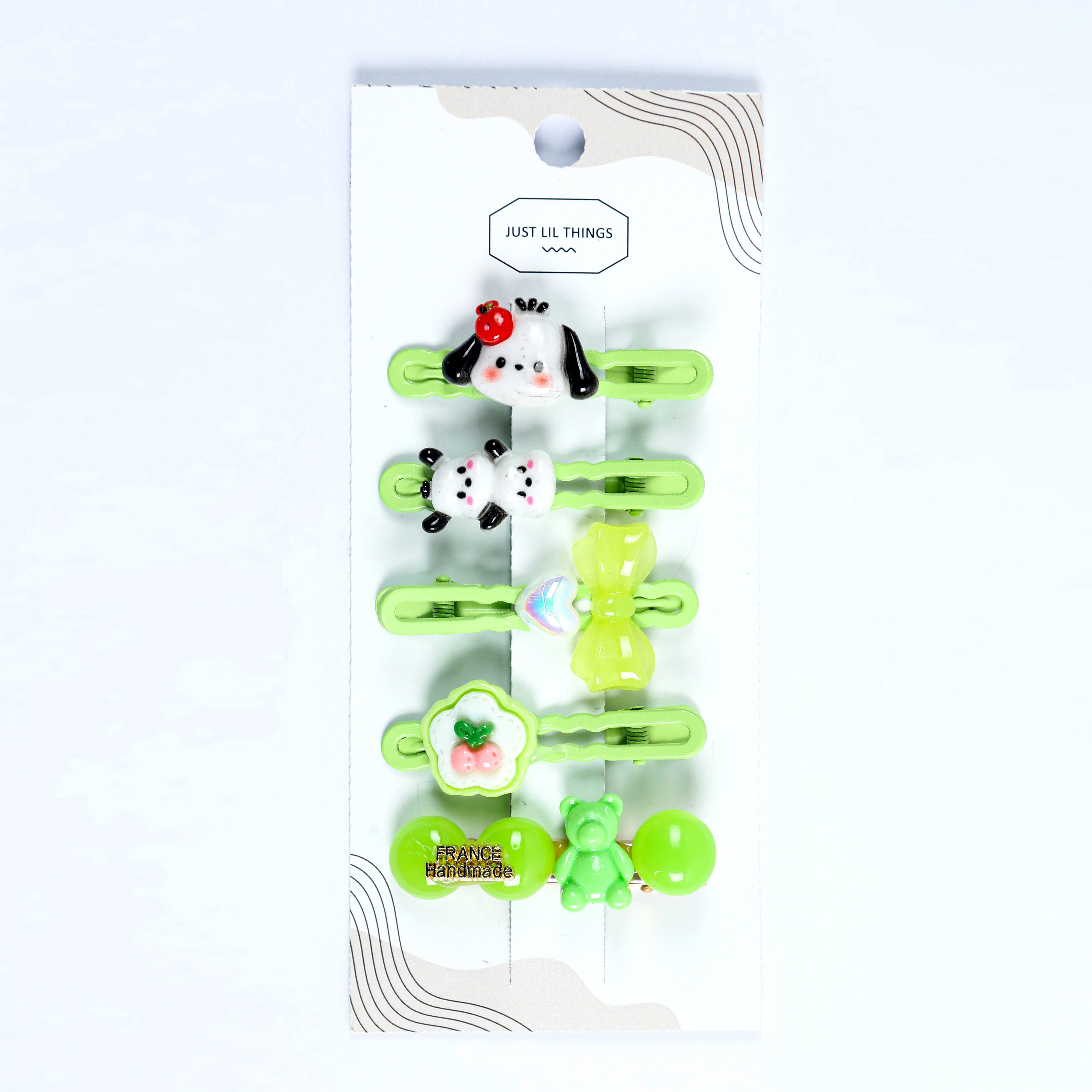 Just Lil Things Green Cartoon Hair Clip Set – 5-Piece with Puppy, Bow, Bear & Fruit Designs jltc0094