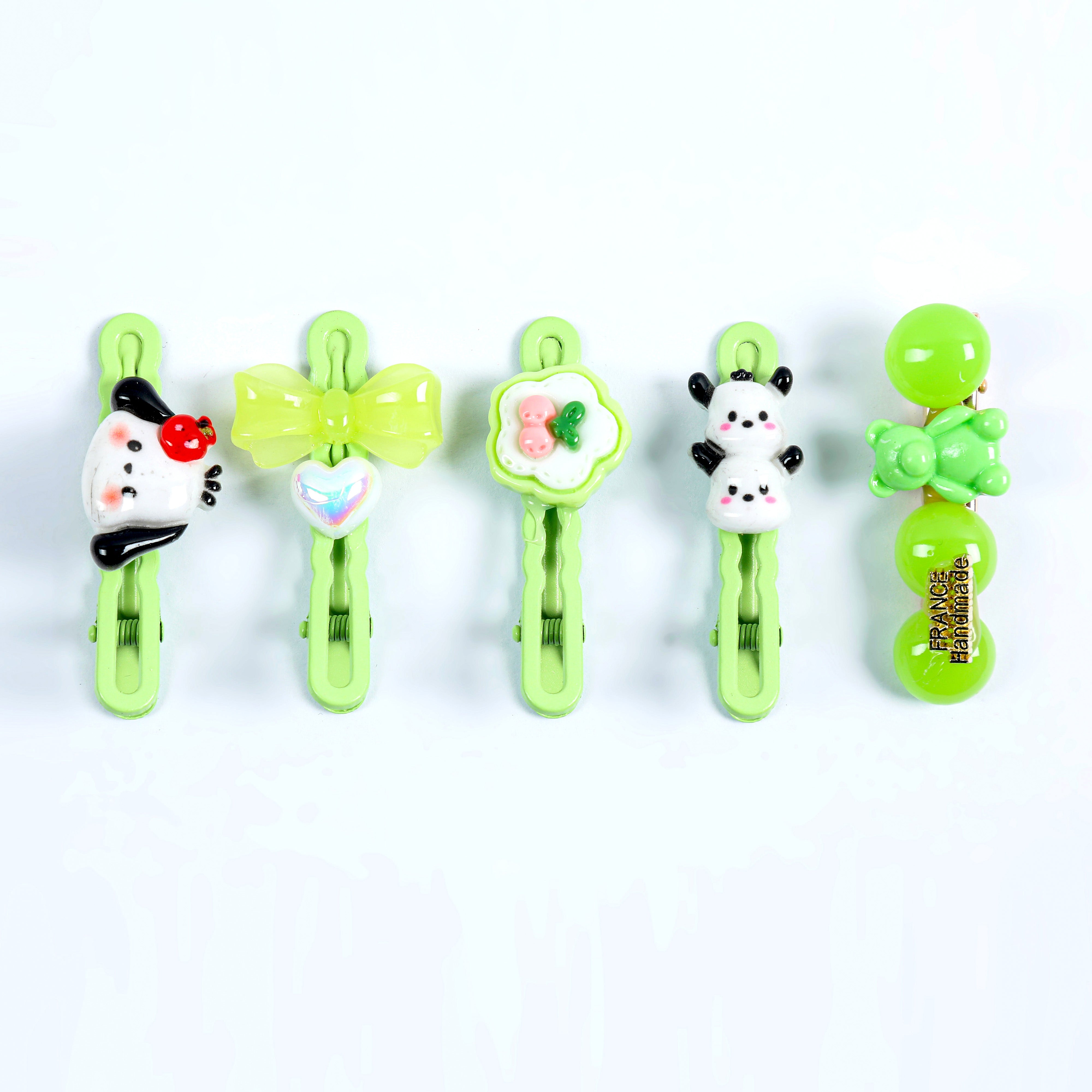 Just Lil Things Green Cartoon Hair Clip Set – 5-Piece with Puppy, Bow, Bear & Fruit Designs jltc0094