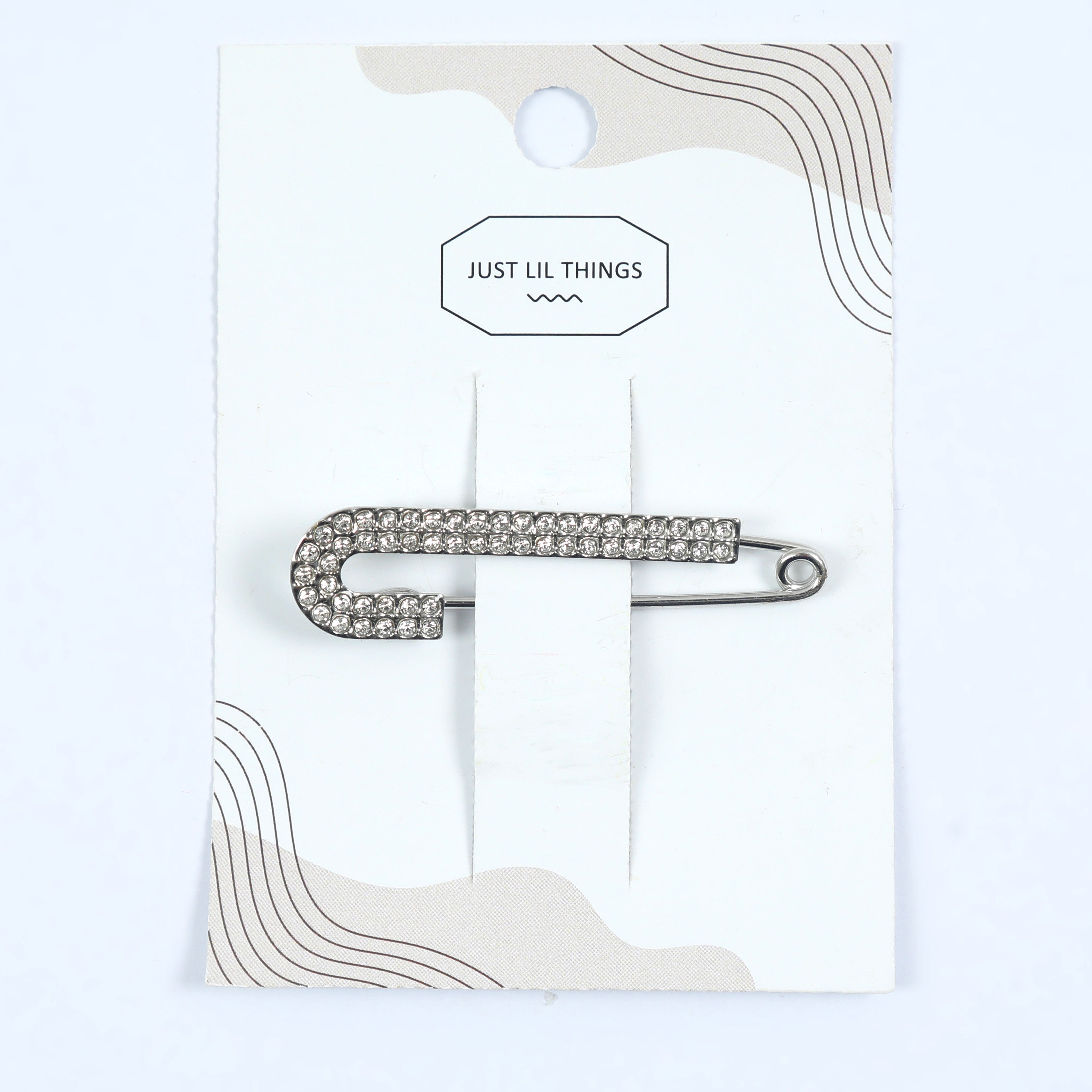 Just Lil Things Crystal-Studded Curved Saree Pin – Elegant Safety Pin Design in Silver Finish JLTSP0013