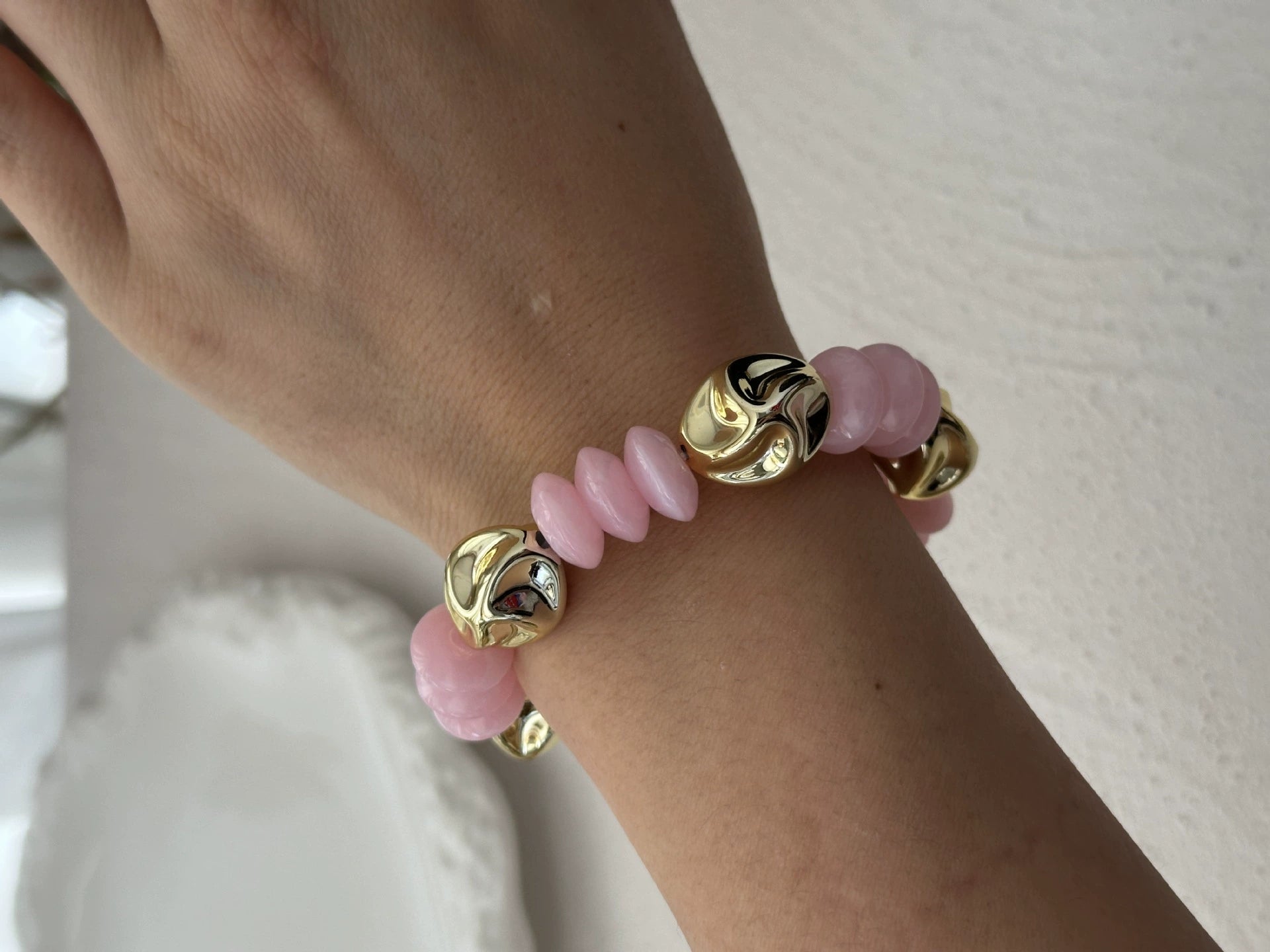 Just Lil Things Blush Pink Beaded Bracelet with Gold Orb Design JLTB0883