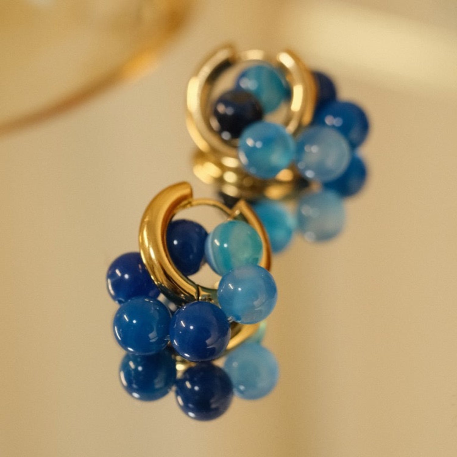 Bold Blue Beaded Hoop Earrings with Gold Accent jlt11525