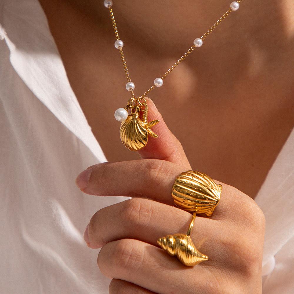 Just Lil Things Artifical Golden Seashell & Starfish Charm with Pearls Necklace JLTN1043