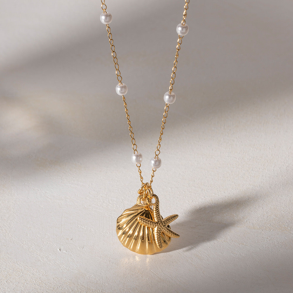 Just Lil Things Artifical Golden Seashell & Starfish Charm with Pearls Necklace JLTN1043