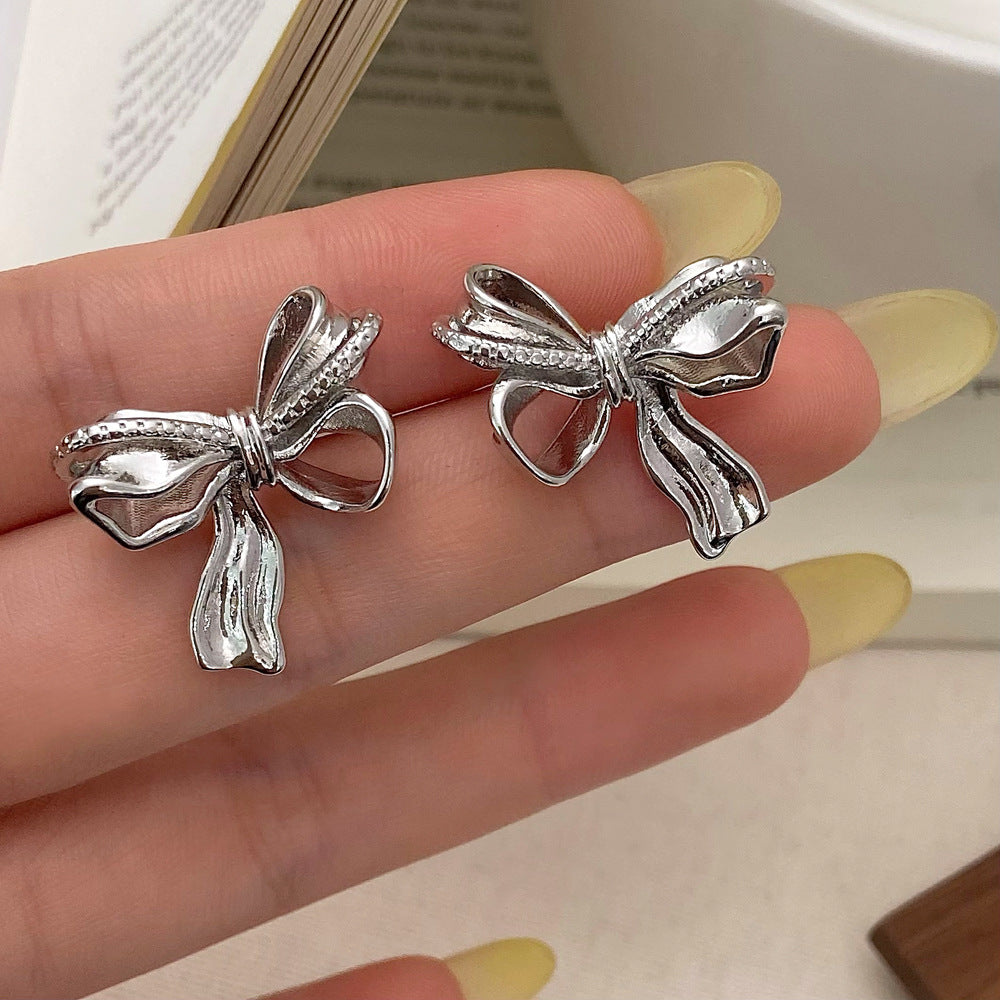 Ribbon Bow Brooch Silver Pin Earrings JLT12678