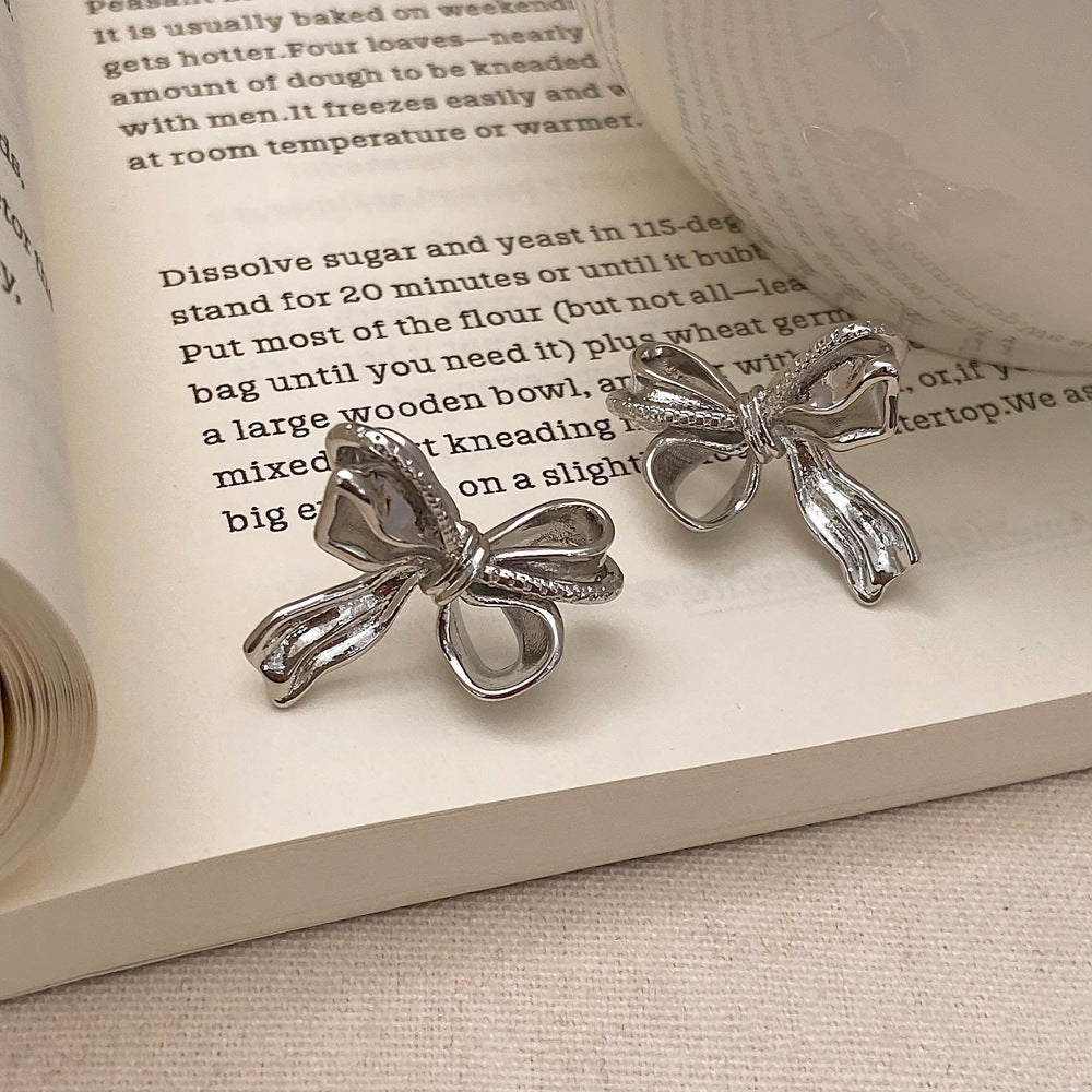 Ribbon Bow Brooch Silver Pin Earrings JLT12678