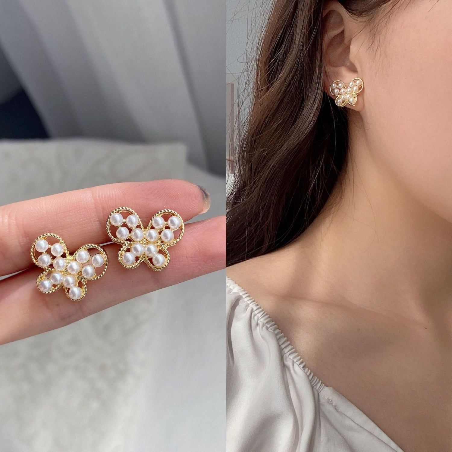 Delicate Pearl Wing Metal Button Butterfly Pin Earrings JLT12691