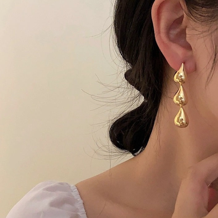 Triple Water Droplet Gold Dangle Earrings JLT12834