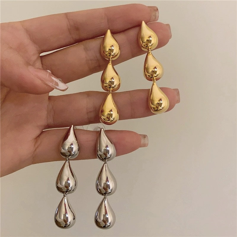 Triple Water Droplet Gold Dangle Earrings JLT12834