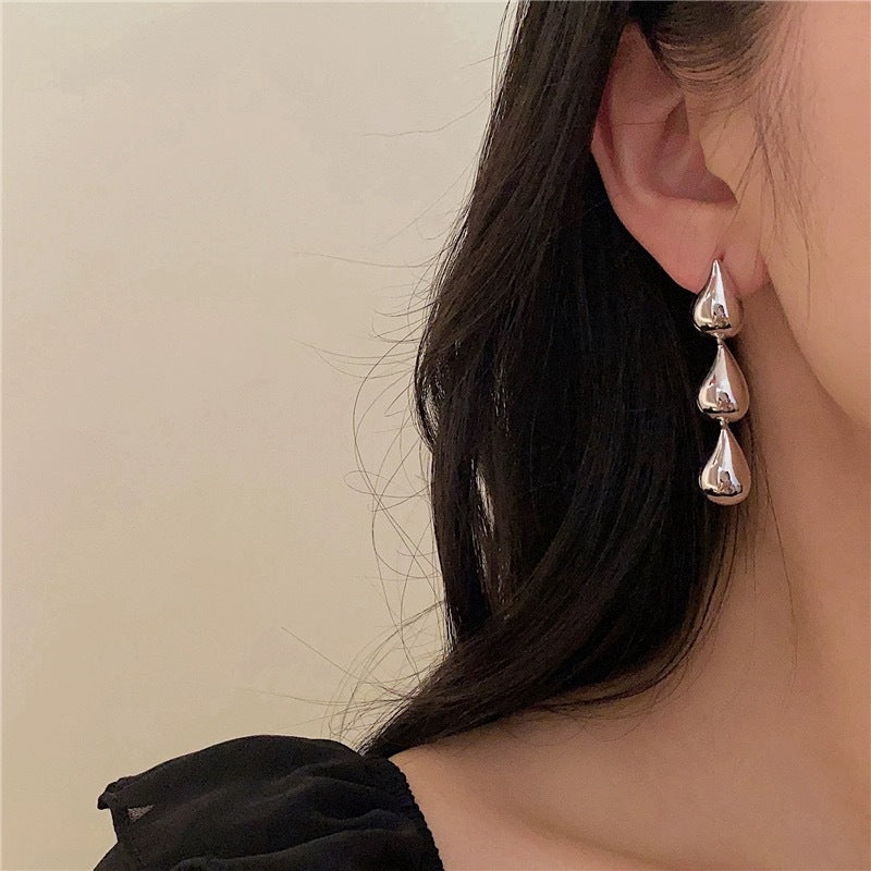 Triple Water Droplet Silver Dangle Earrings JLT12835