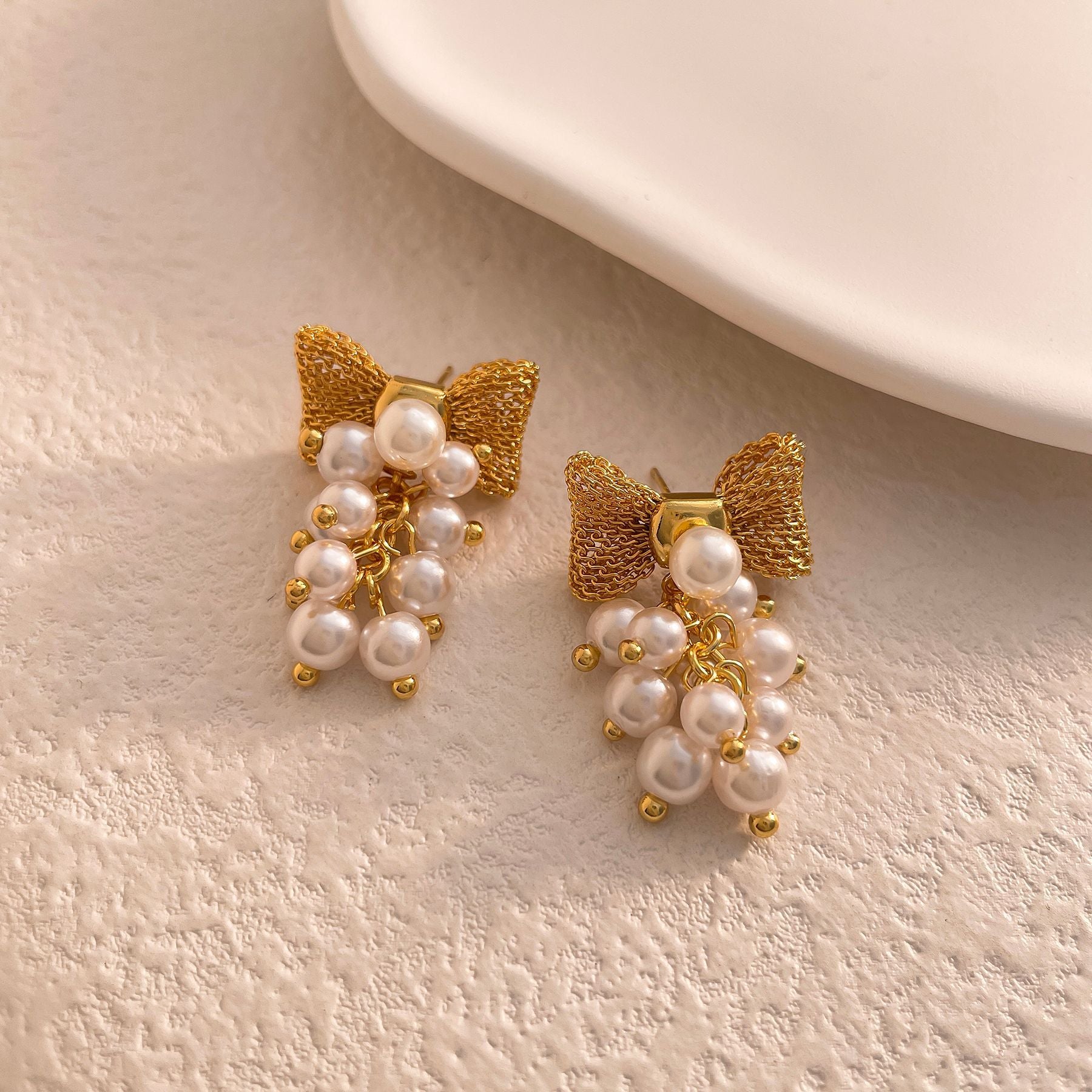 Ribbon Bow Grapes Styled Gold Pin Earrings JLT12868
