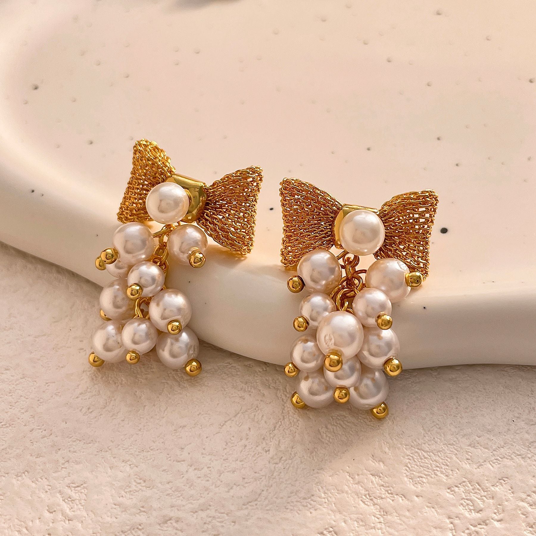 Ribbon Bow Grapes Styled Gold Pin Earrings JLT12868