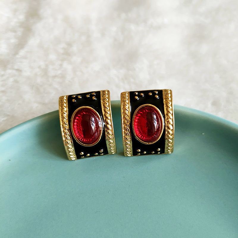 Oval Red Stone Half Hoop Multicolor Earrings JLT12878