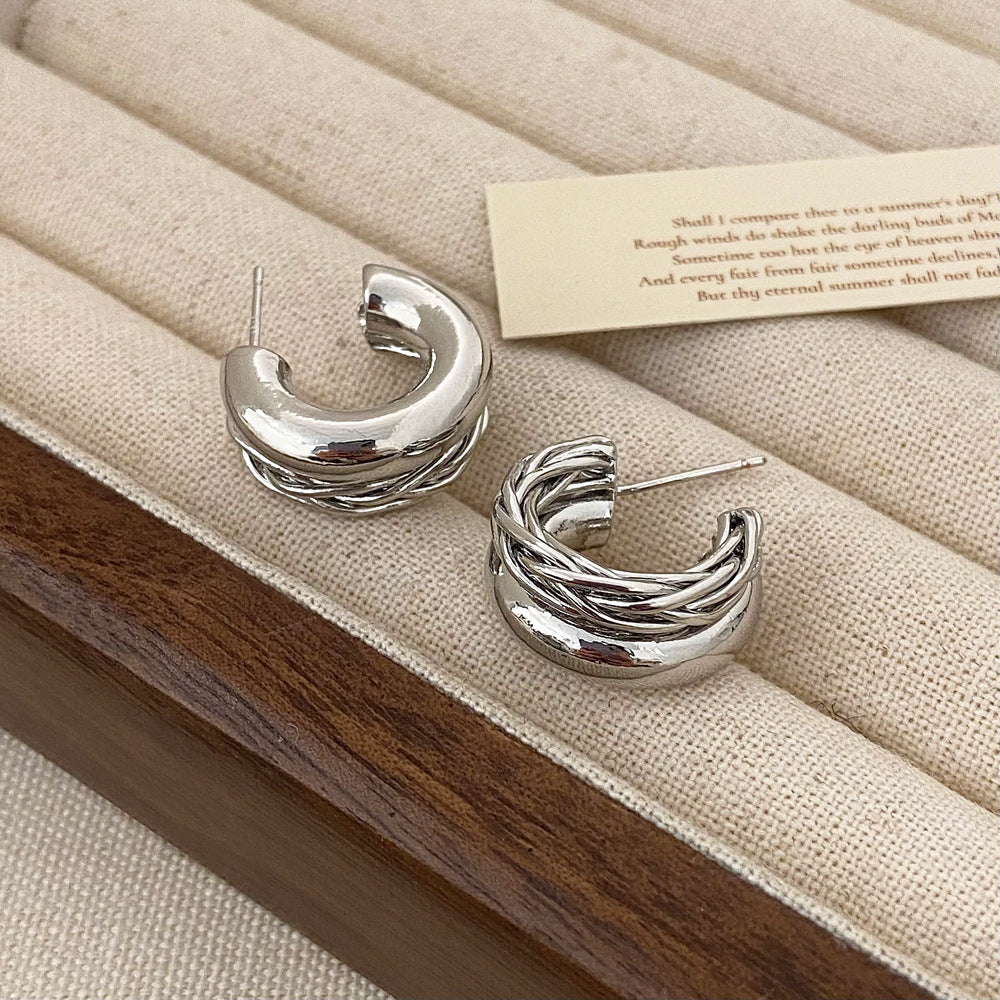 Retro Double Layer Twisted Silver Steel Pin Earrings JLT12900