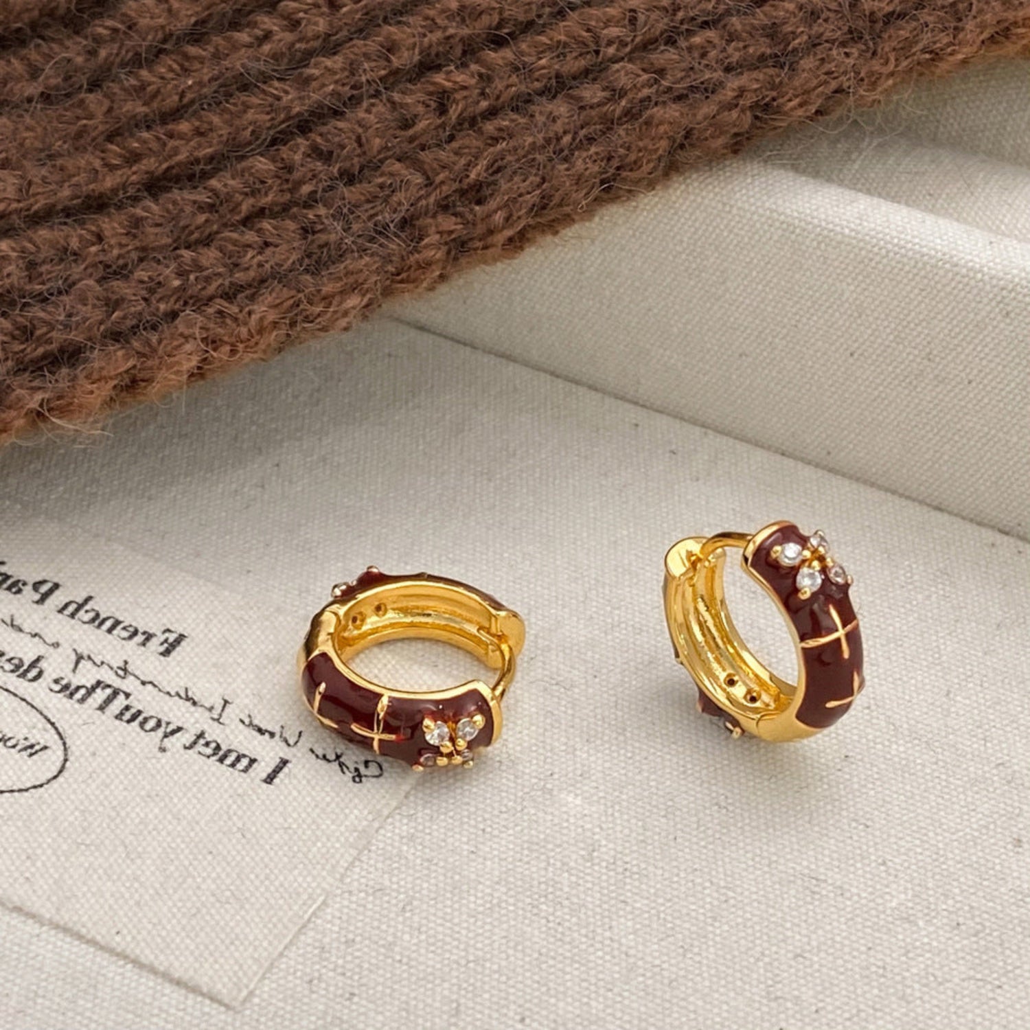 Dainty Maroon Enamel Floral Hoop Earrings JLT12904