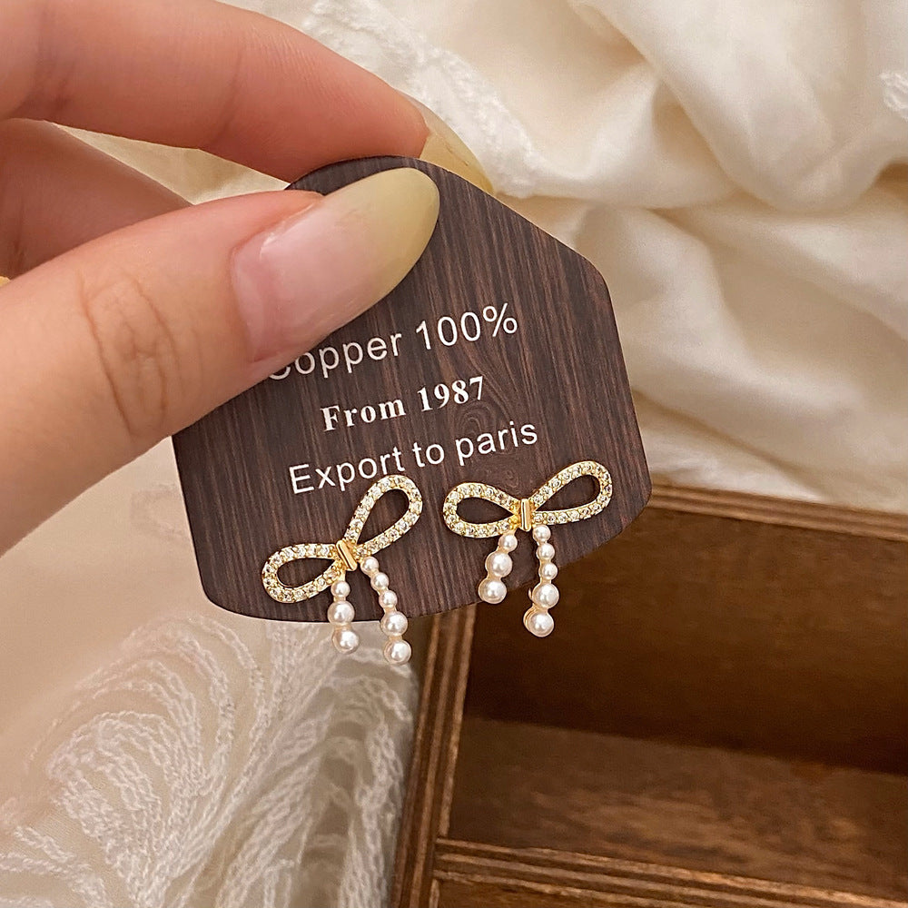 Pearl Drop Bow Styled Gold Pin earrings JLT12910