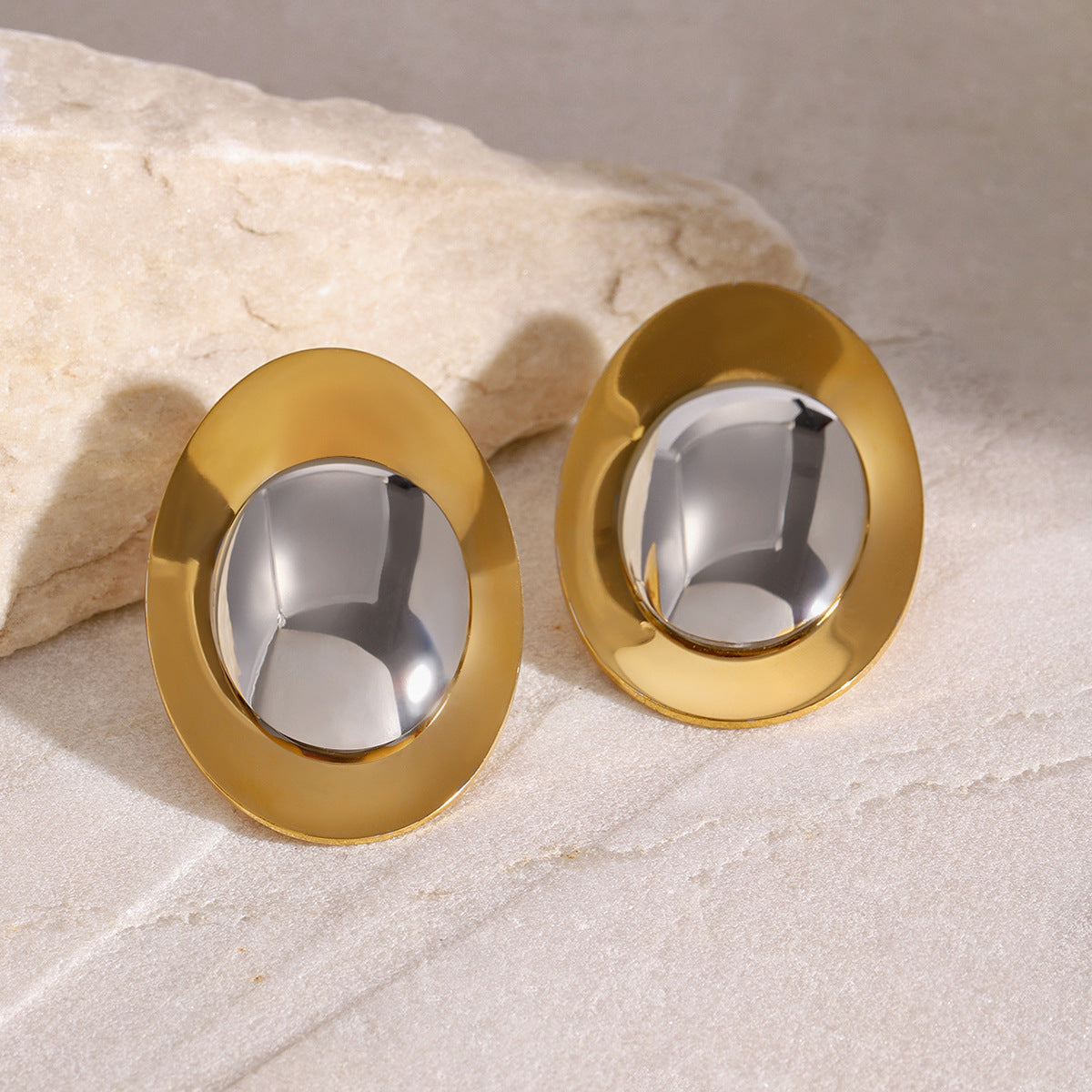 Oval Shaped Duo Rounded Stud Gold-Silver Earring JLT12921
