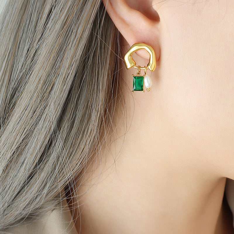 Smooth Emerald Pearl Drop Green Stone Gold Hoop Earring JLT12926