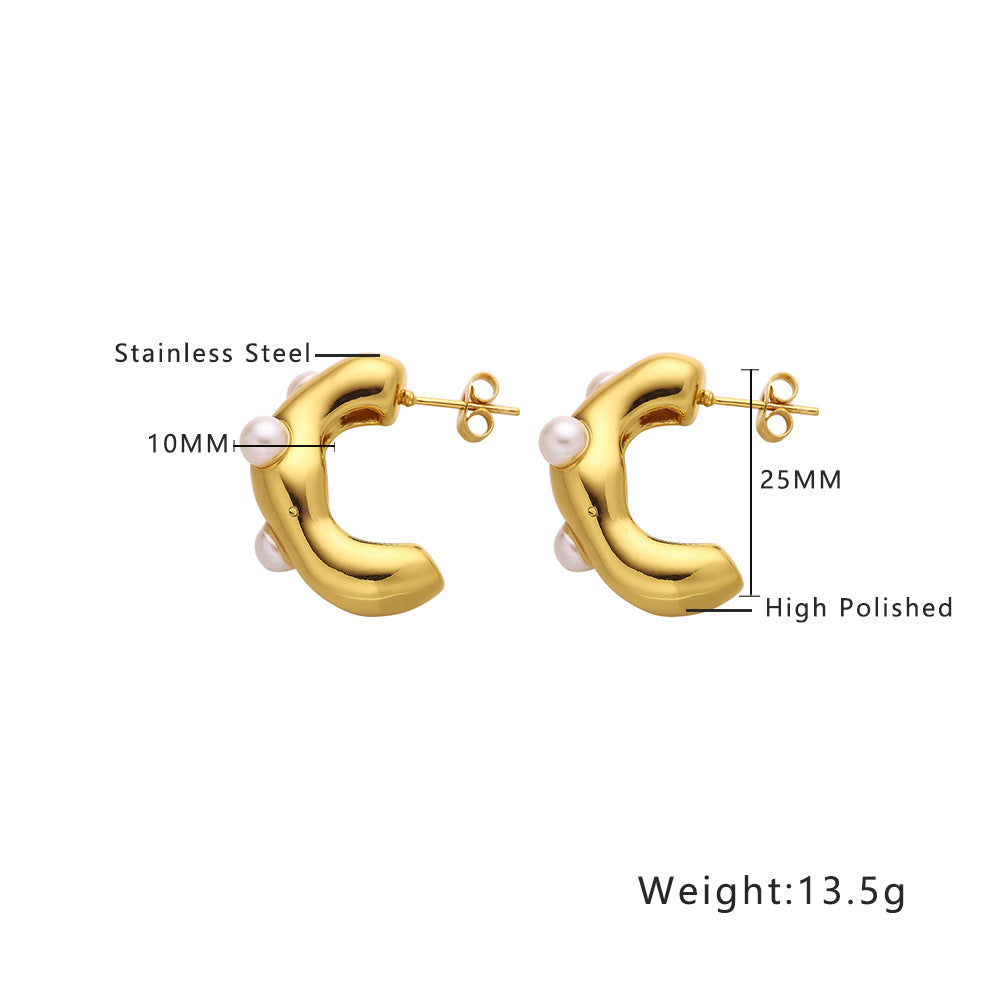 C shape With Pearl Gold Half Hoop Earrings JLT12947