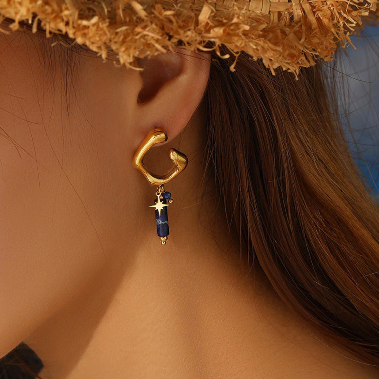 Unique Golden Cuff Earrings with Starry Blue drops JLT13071