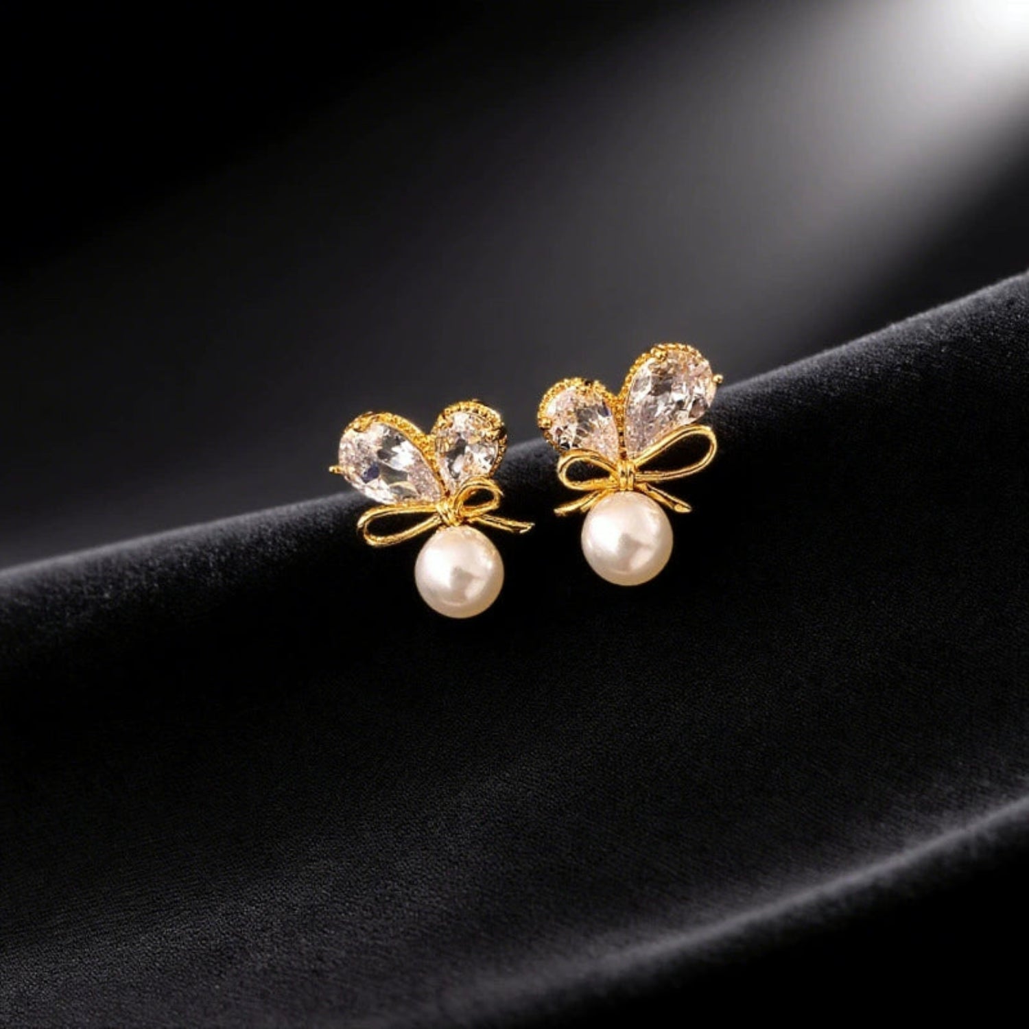 Gold Bow Pearl Butterfly Earrings JLT13536