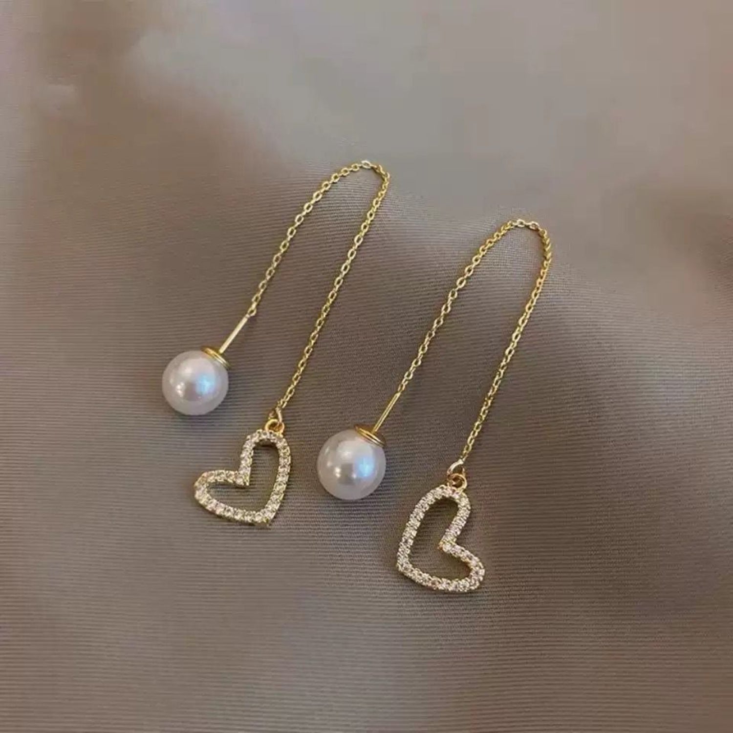 Gold Heart Pearl Threader Earrings JLT13539