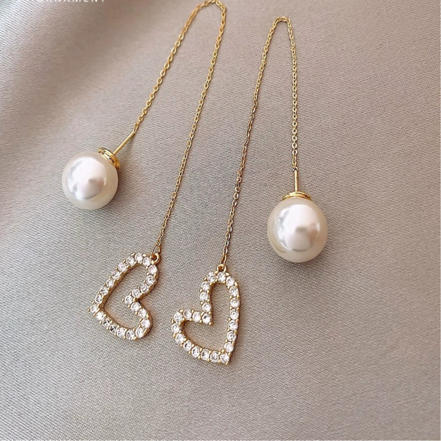 Gold Heart Pearl Threader Earrings JLT13539