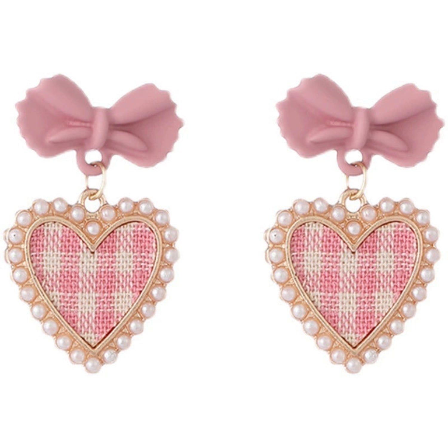 Pink Tweed Bow Heart Earrings JLT13541