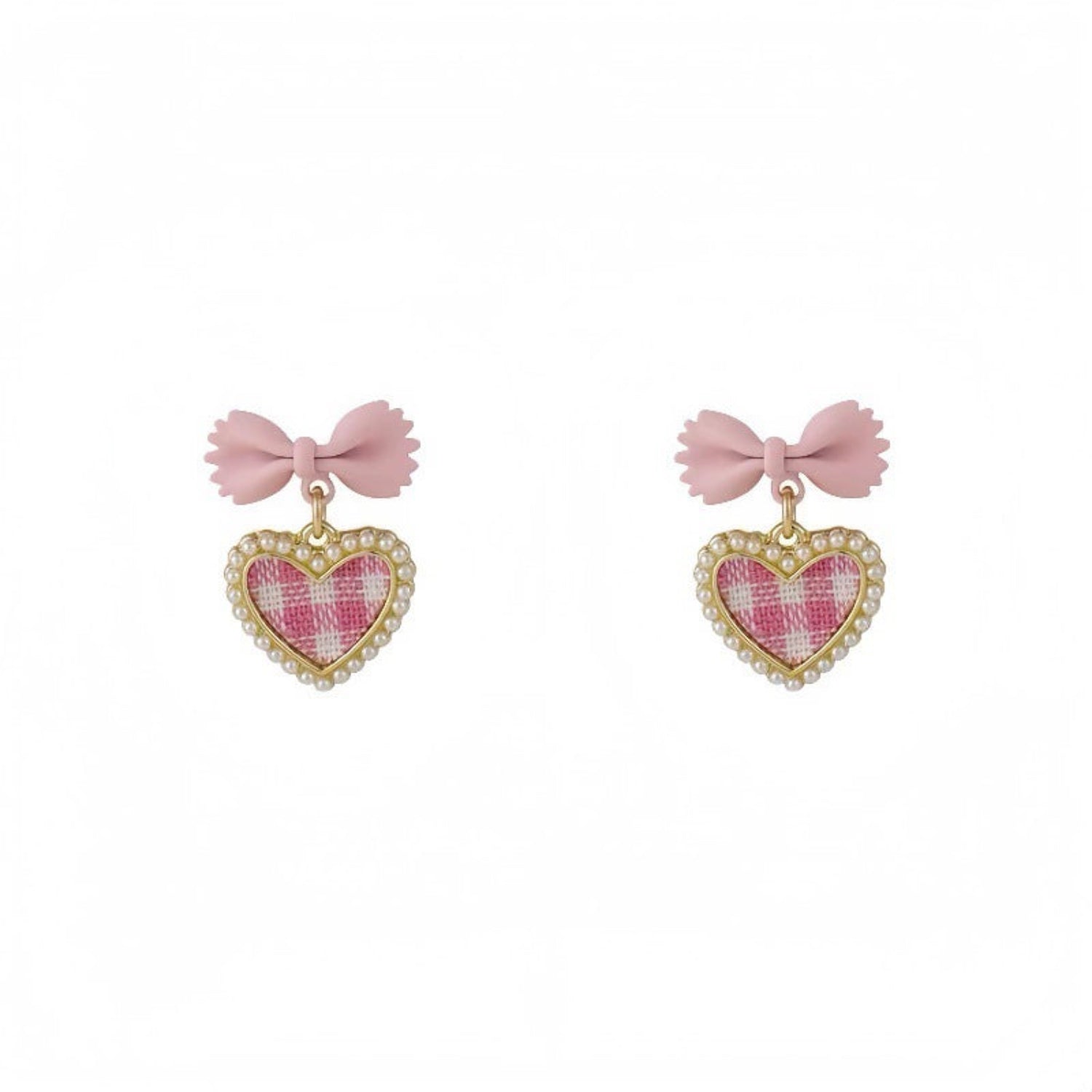 Pink Tweed Bow Heart Earrings JLT13541