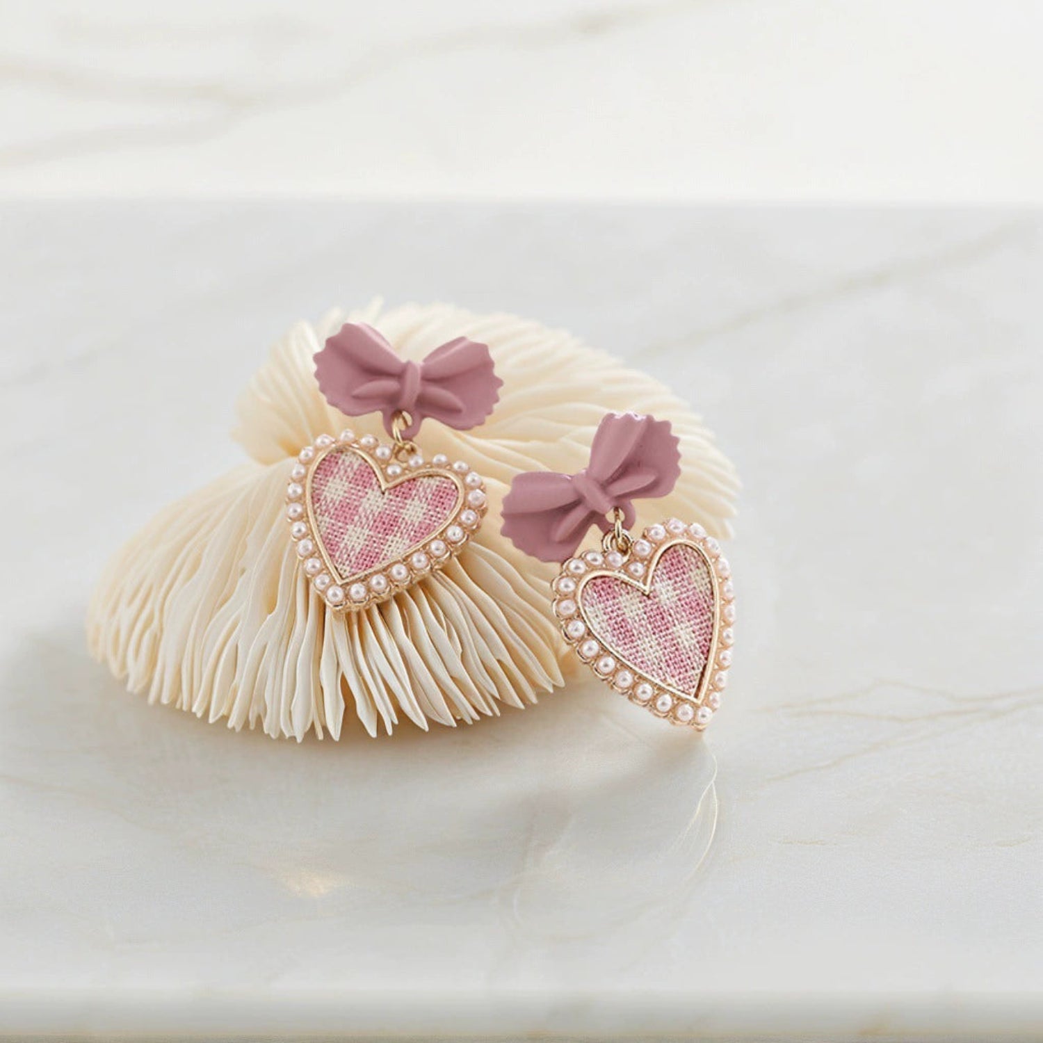 Pink Tweed Bow Heart Earrings JLT13541
