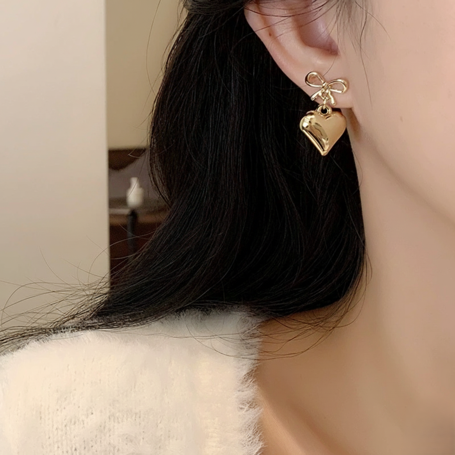 Gold Bow Heart Drop Earrings JLT13546