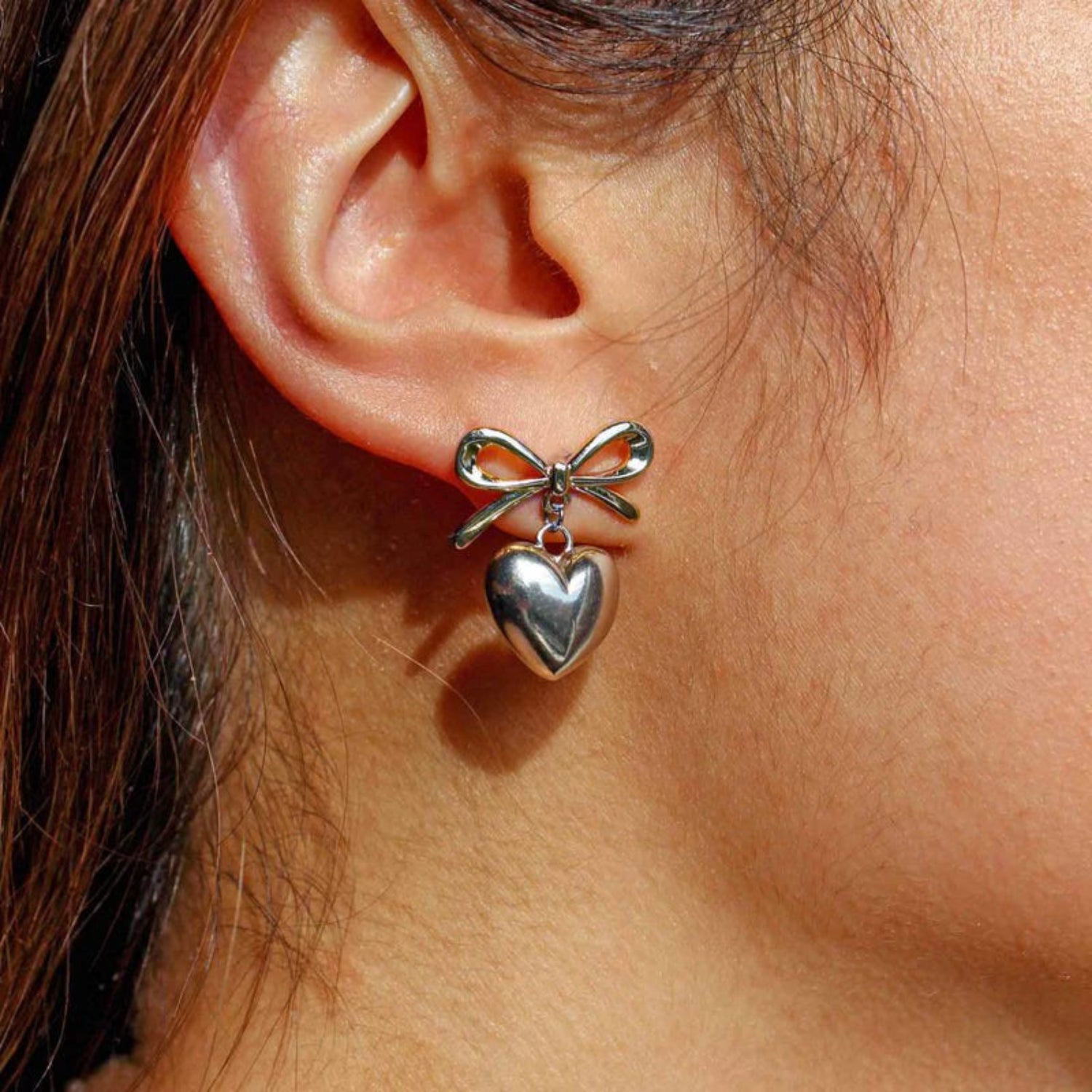 Silver Bow Heart Drop Earrings JLT13548