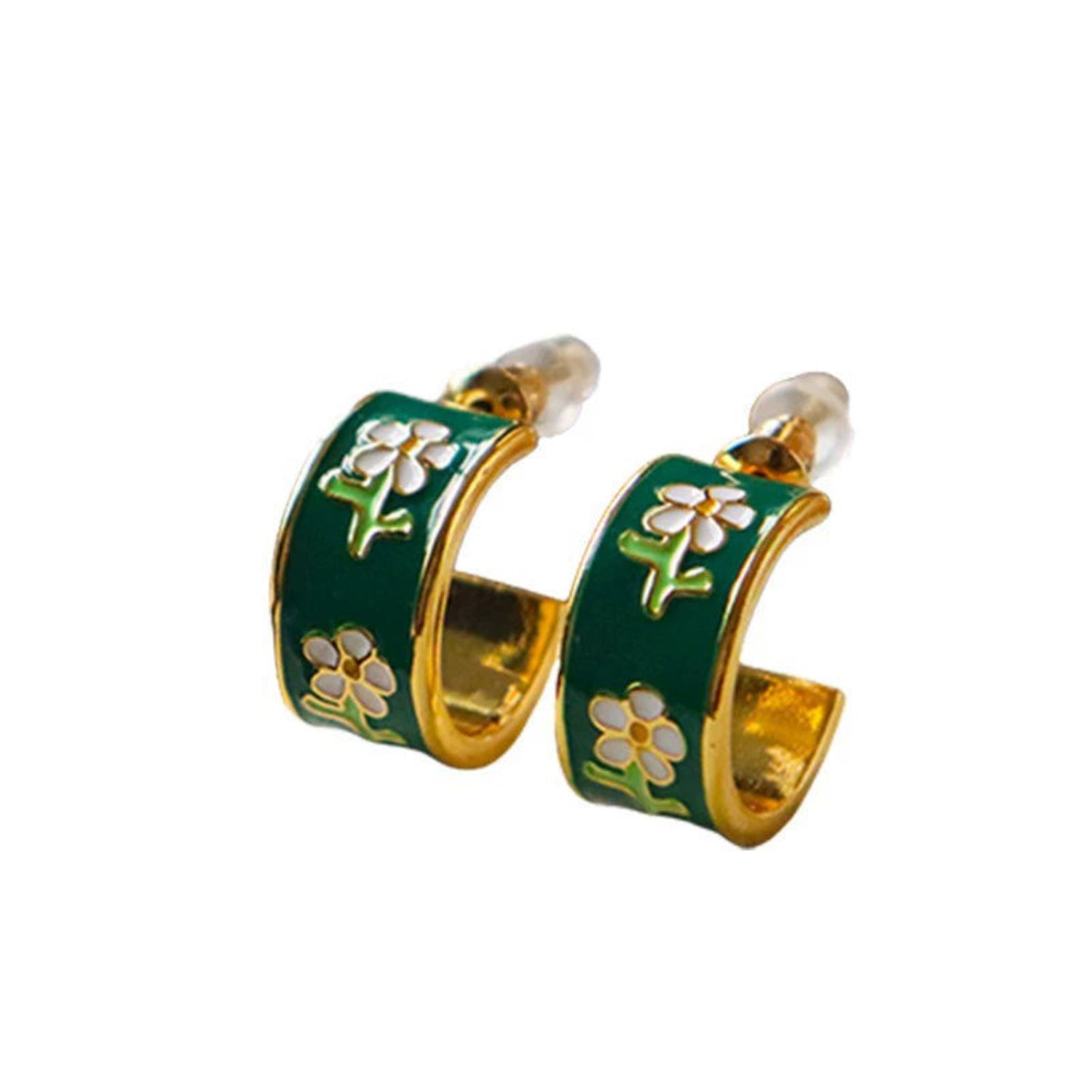 Green Enamel Floral Hoop Earrings JLT13551